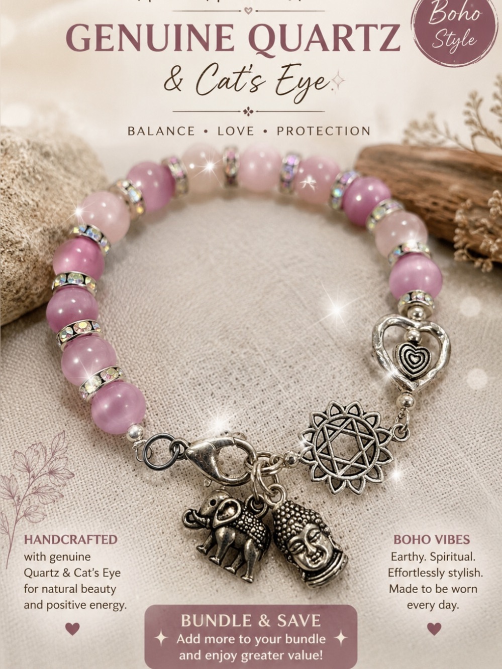 Quartz and Cat’s Eye Genuine Stone bracelet with sparkle